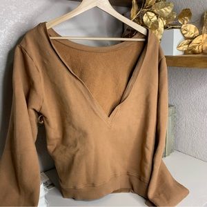 Joah Brown Deep V-Neck Pullover Sweatshirt in Camel
